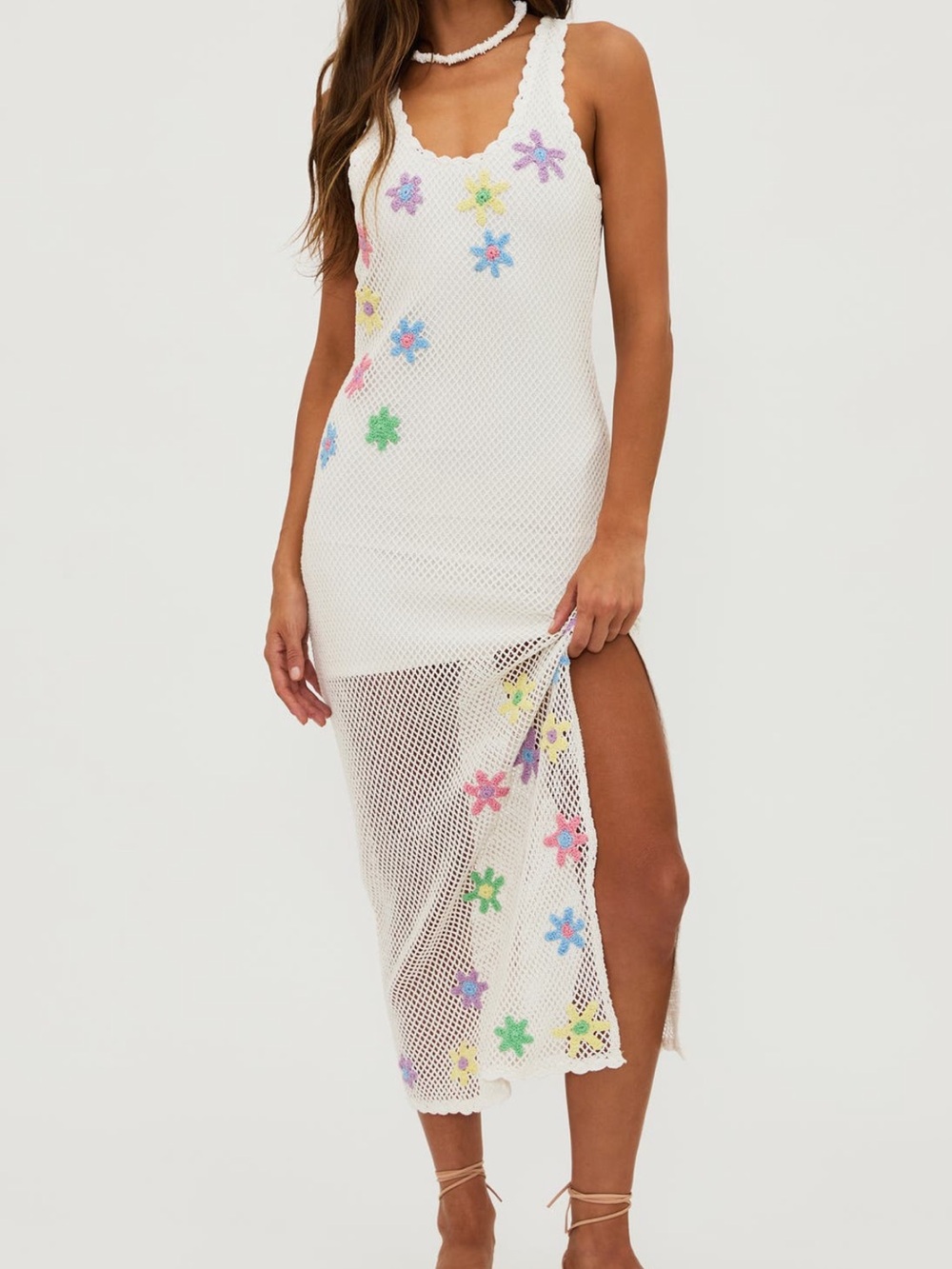 Beach Riot White Crochet Midi Dress with Multicolor Floral Appliqués
